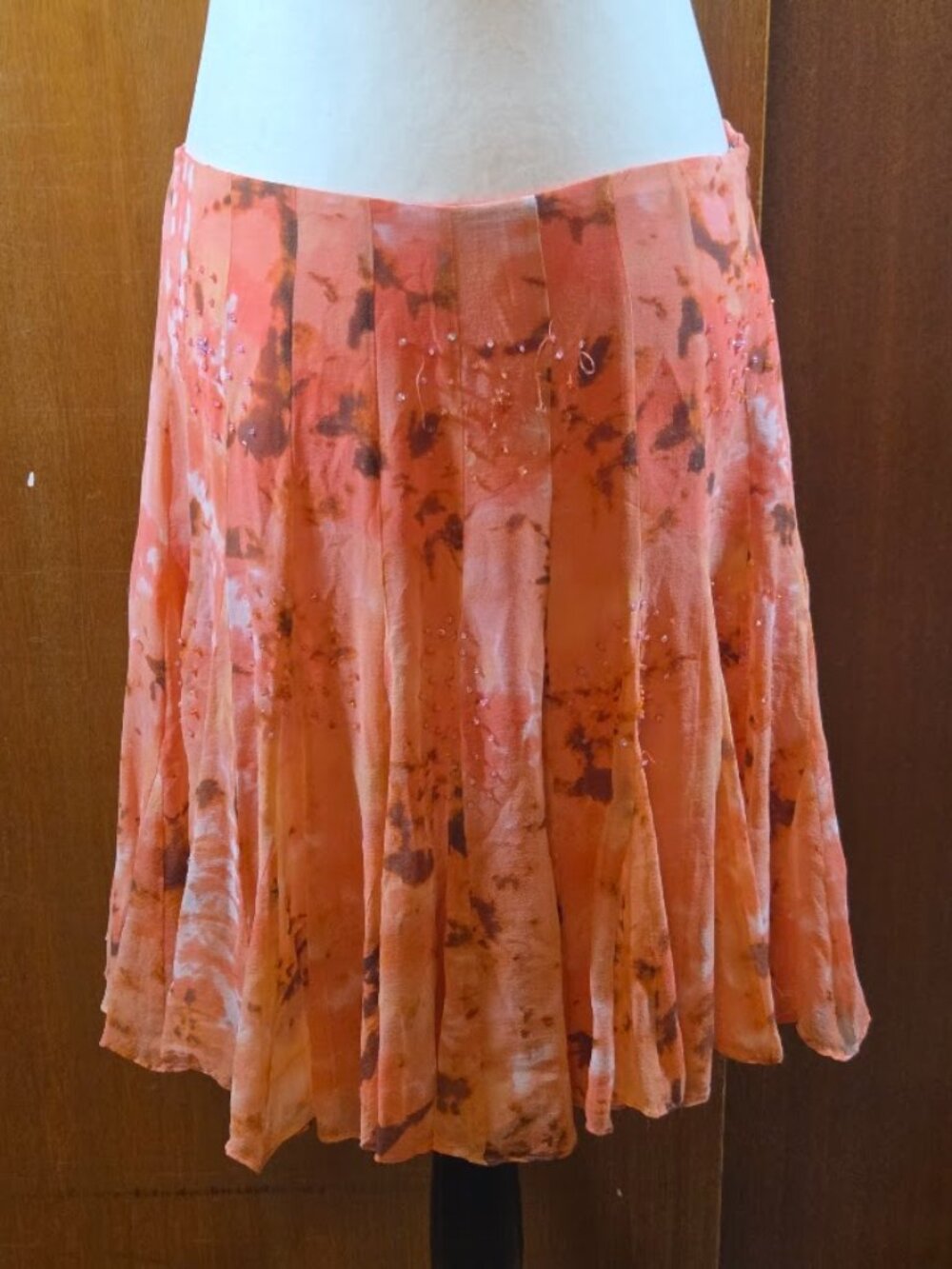 Ice Vintage Y2K Pink Abstract Watercolor 100% Silk Beaded Ruffle Skirt - Size 10